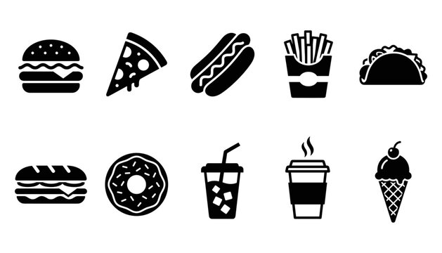 Fast food silhouette icons collection burgers pizza hotdogs tacos fries donuts drinks and ice cream