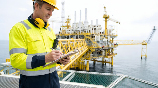 Industrial engineer at offshore energy platform, checking on safety compliance and power infrastructure