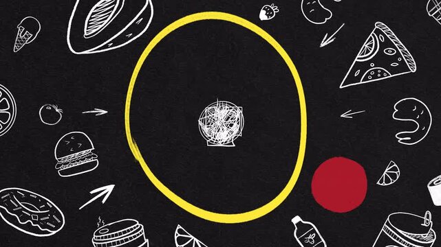 Animated Food Doodle Pattern on Chalkboard Background.