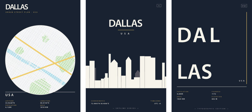Minimalist city poster set of dallas usa featuring urban street plan map, skyline silhouette, and typographic design layout vector illustration