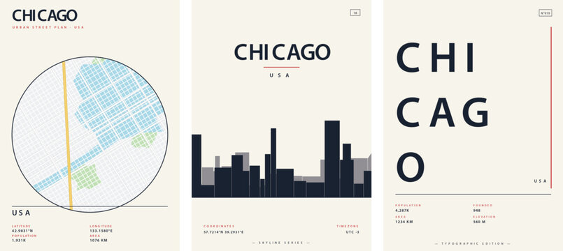 Set of minimalist city posters for chicago usa featuring urban street map, skyline silhouette, and typographic design layout in a modern aesthetic style vector illustration