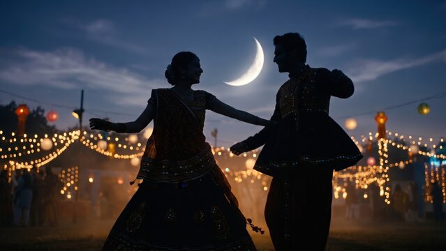Moonlit Garba Dance Silhouette Couple Celebration