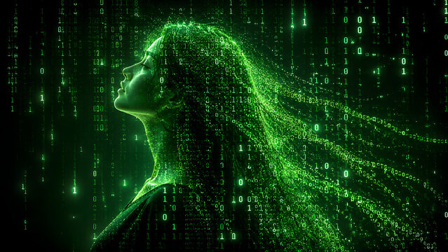 Digital silhouette of a female profile composed of glowing green binary code and matrix data streams looking upwards.