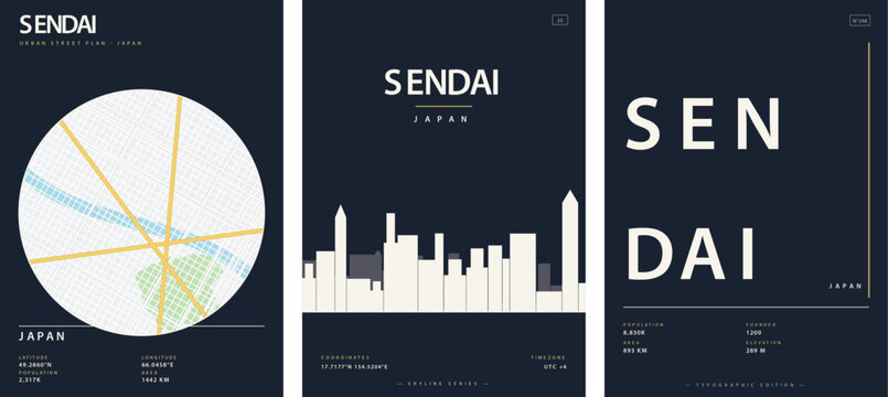 Set of minimalist city posters for sendai, japan, featuring urban street map, skyline silhouette, and typographic design vector illustration
