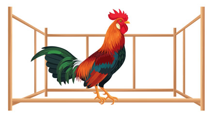 Colorful rooster standing inside a wooden farm pen frame © tanung