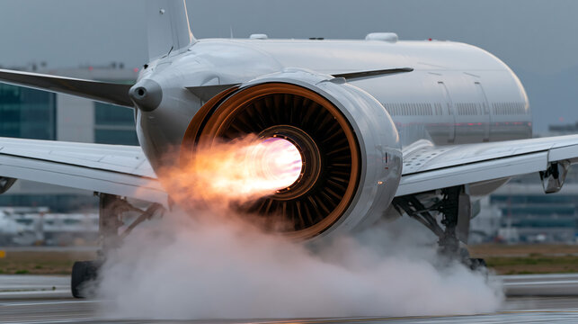 close up of airplane jet engine with visible flame ignition representing aviation technology power and aircraft engineering concept