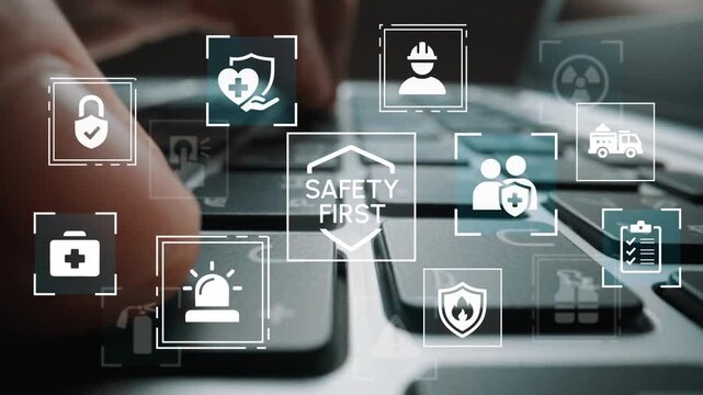 Safety First Concept with Icons Representing Health, Emergency, and Security Surrounding a Laptop Keyboard in a Modern Workspace. Entropy.