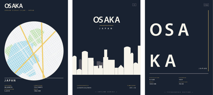 Set of minimalist city posters of osaka, japan, featuring urban street map, skyline silhouette, and typographic design vector illustration