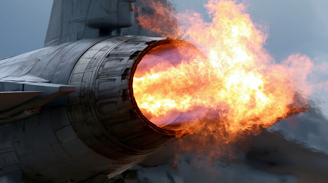 close up of airplane jet engine with visible flame ignition representing aviation technology power and aircraft engineering concept