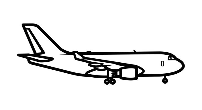 Commercial jet airliner with twin engines and landing gear extended depicted in minimalist black line drawing style.