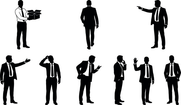 Set of businessman silhouettes in different poses including holding a box, walking away, pointing, scratching head, talking on phone, and waving hand isolated on white.