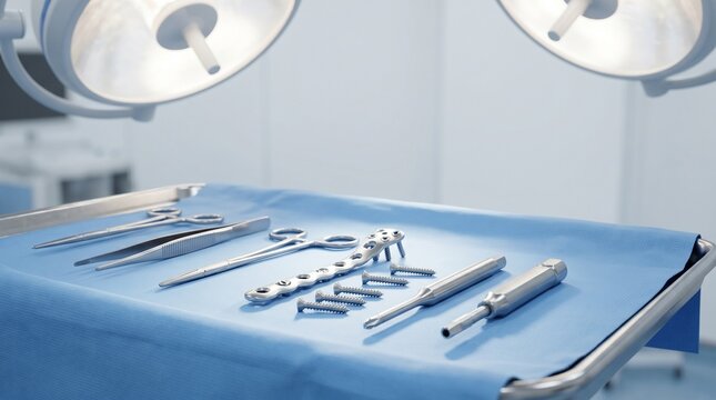 Orthopedic surgical instruments with bone plate and screws arranged on blue sterile drape in an operating room, concept of fracture fixation and trauma surgery.