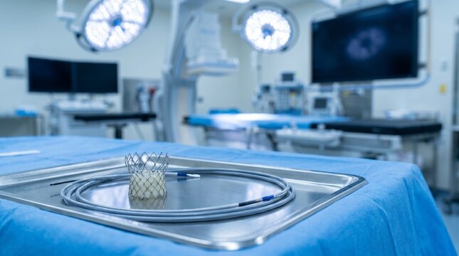 Transcatheter aortic valve replacement prosthesis with delivery catheter on a sterile tray in a hybrid operating room, concept of TAVR procedure and structural heart care.
