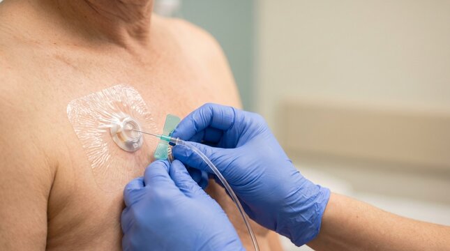 Close-up of a nurse accessing an implanted venous port on a patient chest with a Huber needle, concept of chemotherapy, infusion therapy and oncology care.