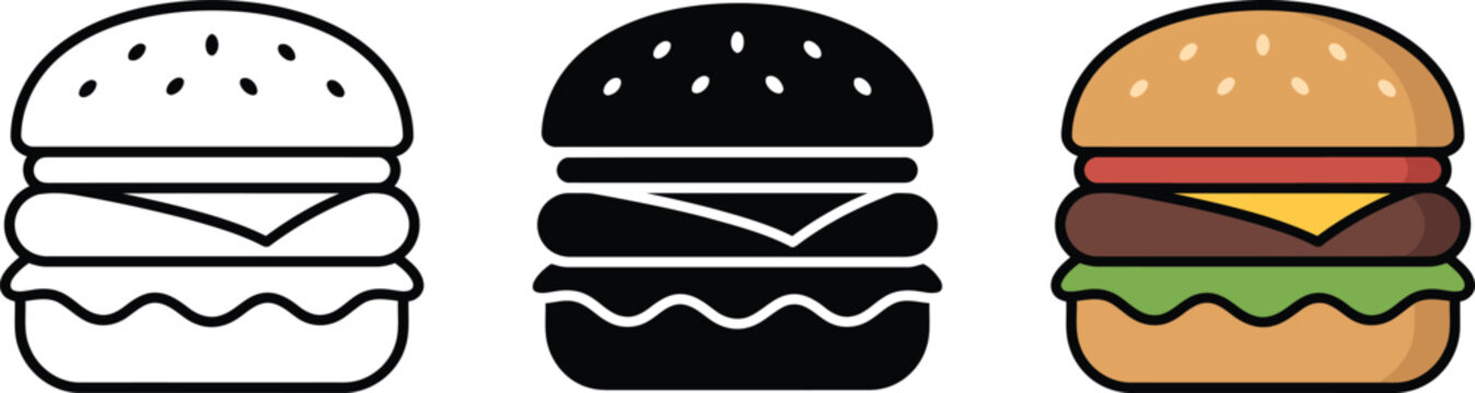 Collection of three different burger icon design variations including outlined solid black and full color graphic styles