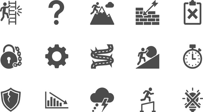 Business, obstacle, icons, set, challenge, failure, problem, crisis, risk, vector, difficulty, concept, glyph, hardship, symbol, collection, graphic, element, struggle, sign,