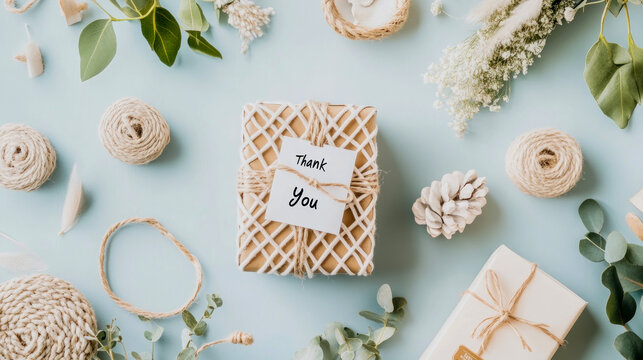 Beautiful top-down view of wrapped gift box with Thank You tag surrounded by rustic natural elements like twine balls, dried flowers, and eucalyptus leaves on light blue background