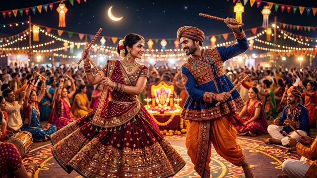 Gujarati Folk Dance Couple Celebrating Navratri Together
