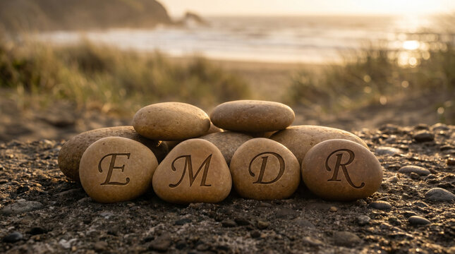 EMDR text engraved on natural beach stones, representing eye movement desensitization and reprocessing therapy on sandy ocean shore.