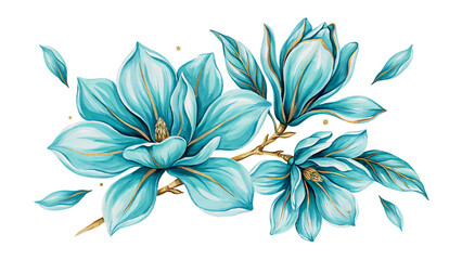 Fototapeta premium Blue magnolia flowers with lush green leaves isolated on a transparent background, blue flowers delicate petals