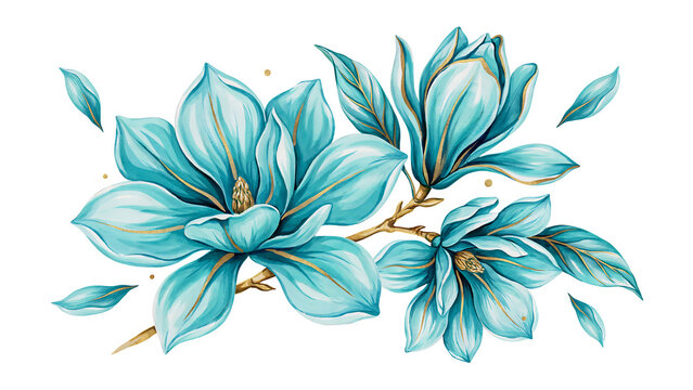Blue magnolia flowers with lush green leaves isolated on a transparent background, blue flowers delicate petals