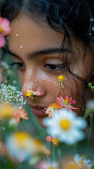 Fototapeta premium Close-up portrait of young woman with dark hair and dewy skin, gently surrounded by vibrant collection of small, colorful wildflowers in soft, dreamy, and natural outdoor setting.