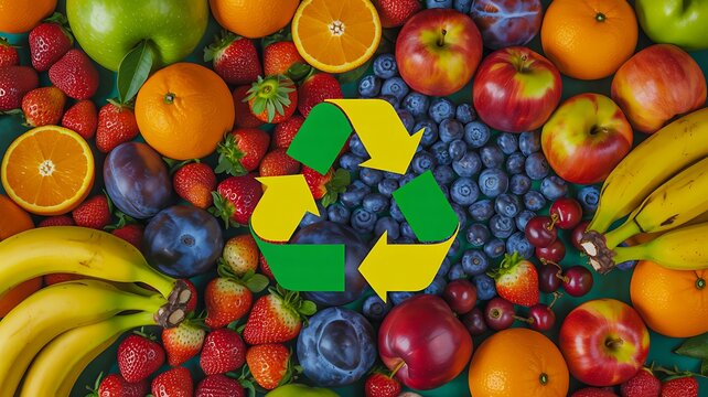 Recycling symbol on fresh fruits promoting sustainable food concepts