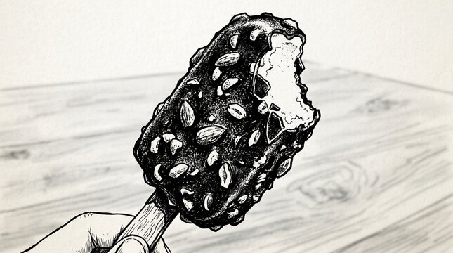 Detailed black‑and‑white drawing of bitten chocolate ice cream bar with nutty coating on wooden stick, showcasing texture contrast between rough exterior and creamy interior.