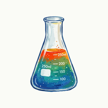 Erlenmeyer flask with colorful liquid and bubbles, science equipment illustration