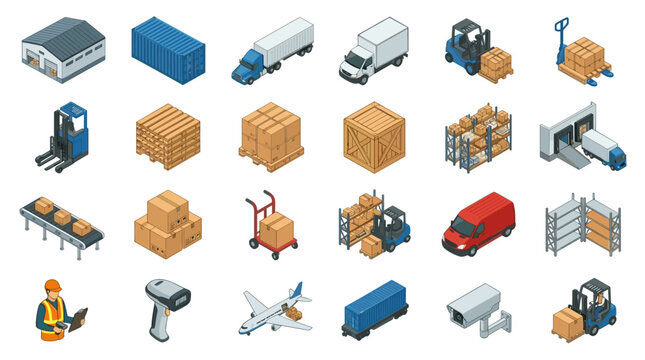Logistics and Warehousing Icons Set Isometric View