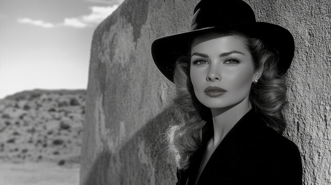 Stunning black and white portrait of glamorous woman with vintage wavy hair and wide-brimmed hat, leaning against adobe wall in serene and sun-drenched desert landscape setting