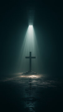 Cross against bright sky captures Easter resurrection morning. Jesus risen from death brings grace and spiritual rebirth to believers celebrating this holy Christian sunrise service.