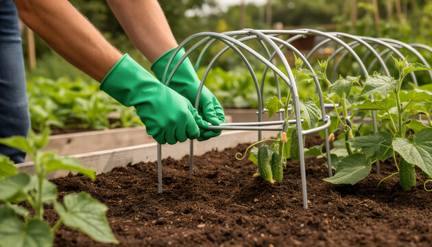 Close up of hands in bright green rubber gloves installing heavy metal wire support hoops over young cucumber seedlings in rich dark soil of an organic backyard vegetable garden
