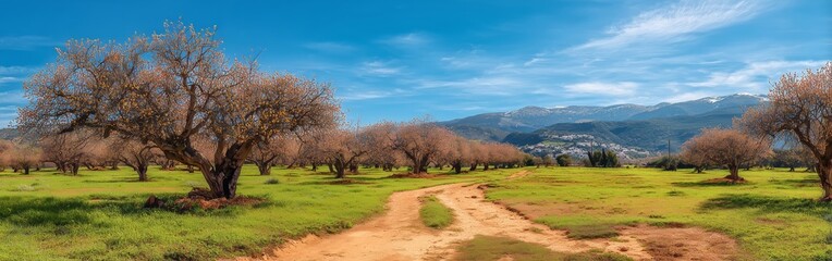 Fototapeta premium Высохший фруктовый сад с плодами на фоне гор. Dry and withered fruit orchard with ripened fruits hanging on trees against a mountainous landscape.