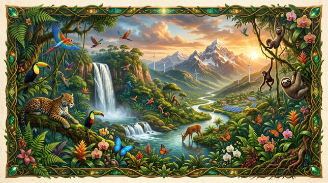 Environmental Conservation Landscape with Rainforest Wildlife and Solar Energy