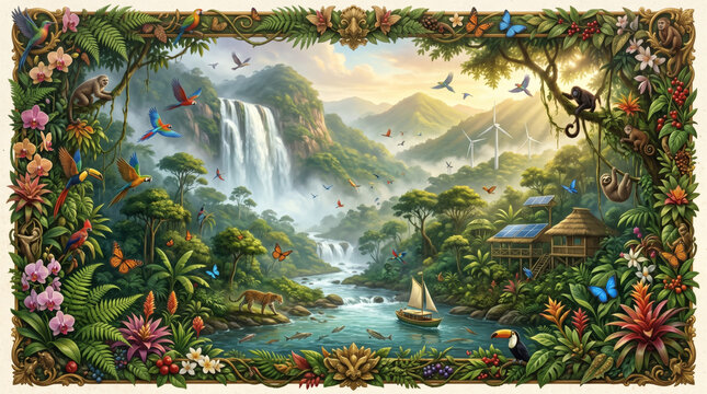 Environmental Conservation Landscape with Rainforest Wildlife and Solar Energy