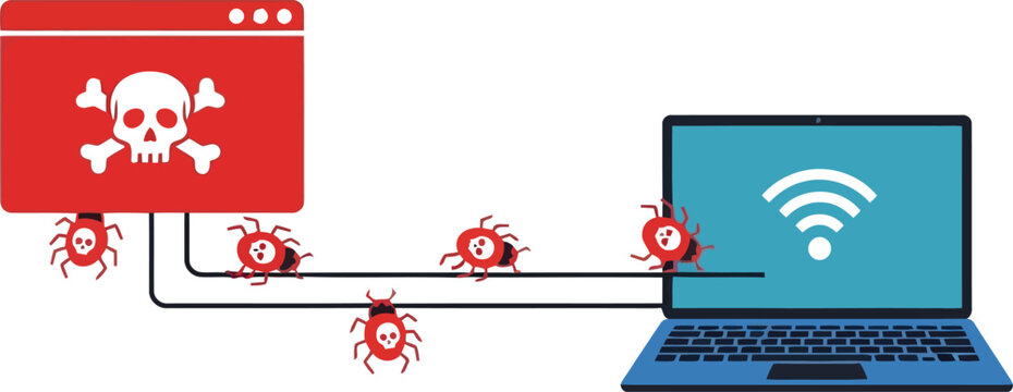 Computer virus infection illustration with malware bugs attacking a laptop