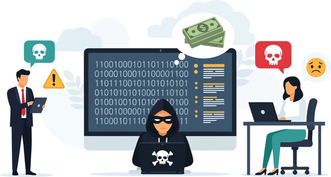 Cybercrime and ransomware attack concept with hacker and victims