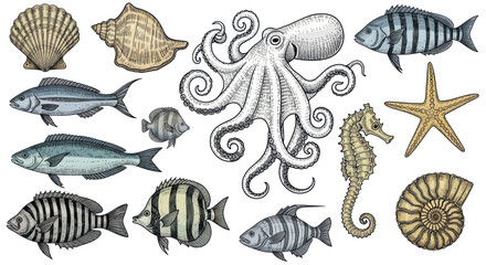 Vintage engraved marine animal set with octopus fish and sea shells © Tembok