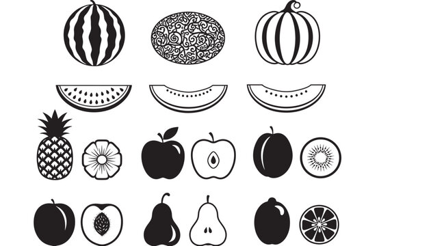 Fruit Icons Set with Black and White Silhouettes, Slices, Decorative Patterns, and Minimal Vector Style Elements