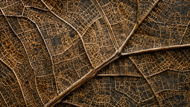 Macro view of a dried leaf with intricate vein patterns resembling an urban city map.