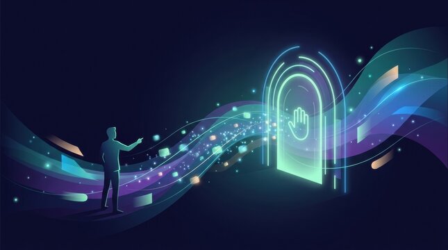 A person stands before a glowing data portal, reaching out to interact with the colorful waves representing digital information flow.