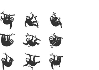 Naklejka premium Collection of nine sloth silhouettes in various hanging poses on tree branches for nature themed graphic design