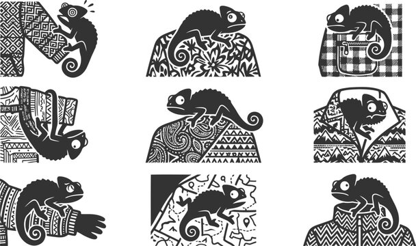Nine artistic chameleon silhouettes with intricate patterns and textures as creative vector design elements
