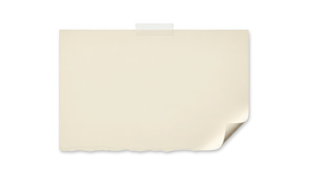 A beige sticky note with a transparent background and a curled corner