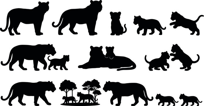 Black silhouettes of lions and lionesses with cubs in various poses