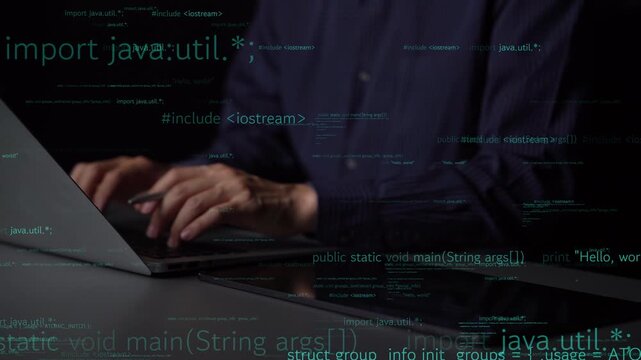A close-up view of hands actively engaged in coding on a laptop, surrounded by floating code snippets, illustrating the modern programming environment and digital creativity. Xenic