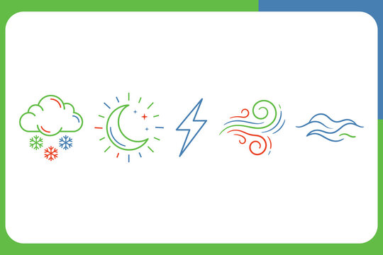Weather forecast icons with sun moon cloud lightning wind symbols