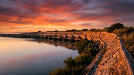 Obraz premium Coastal Dam at Sunset: A picturesque view of a sturdy coastal dam constructed from stone, curving along the water's edge under a breathtaking sunset sky filled with vibrant orange and red hues.