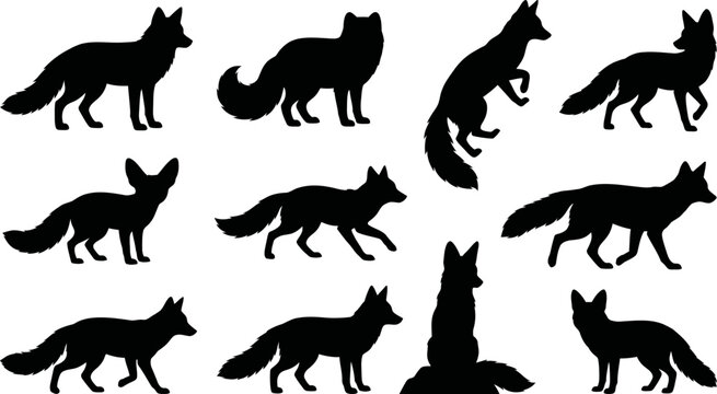 Collection of black silhouette foxes in various poses on white background